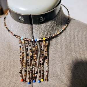 Vintage Boho Multi-Strand Seed Bead Fringe Memory Wire Choker Necklace